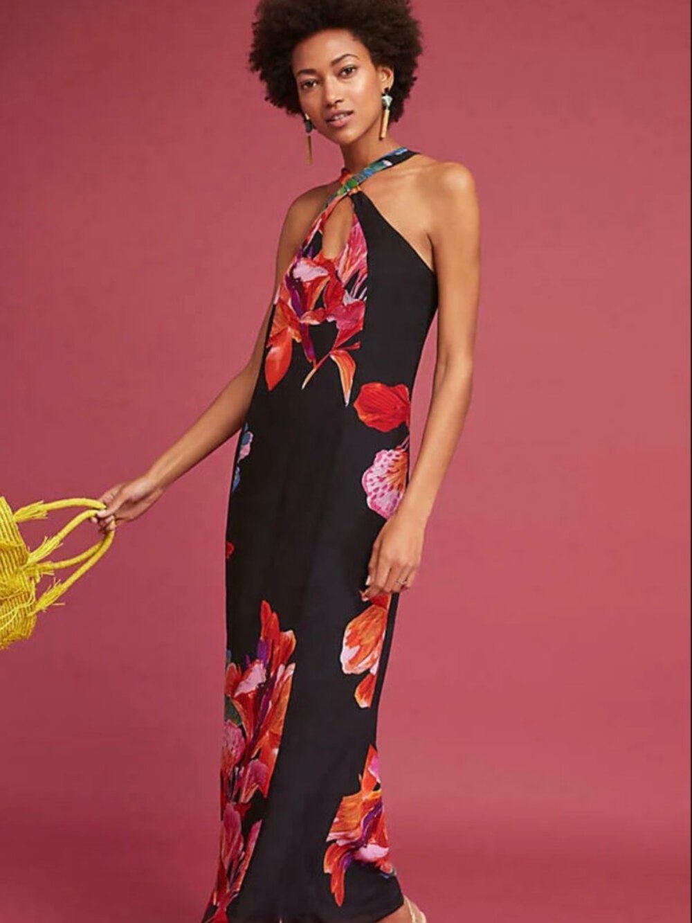 Maeve by Anthropologie Black & Pink Floral "Cayman Silk Maxi Dress Size Medium